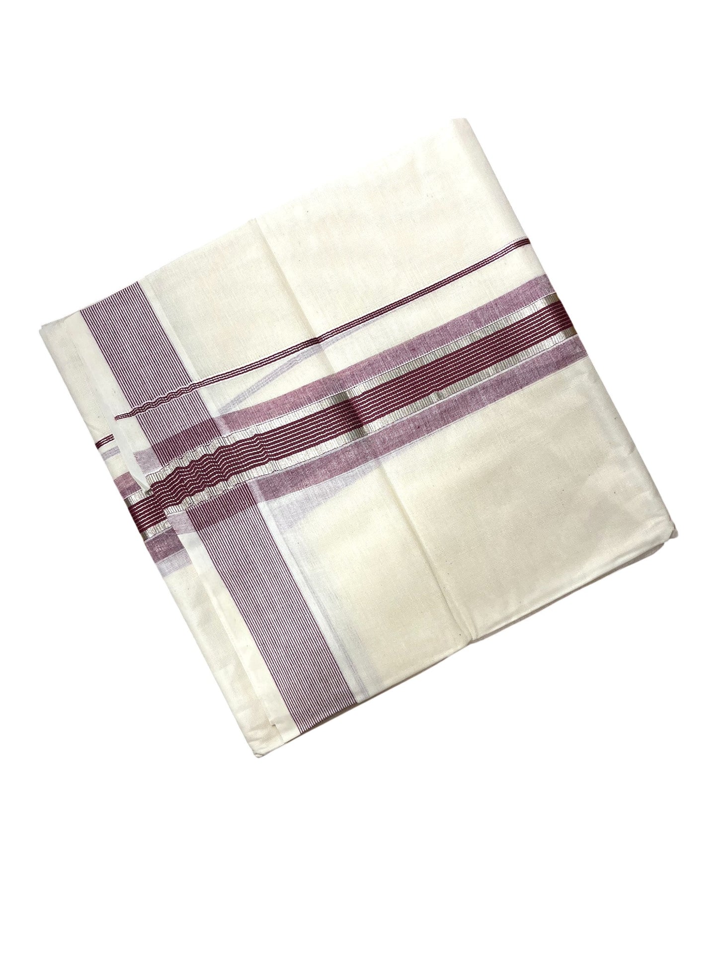 Southloom Kerala Pure Cotton Double Mundu with Silver Lines & Purple Border (South Indian Dhoti)