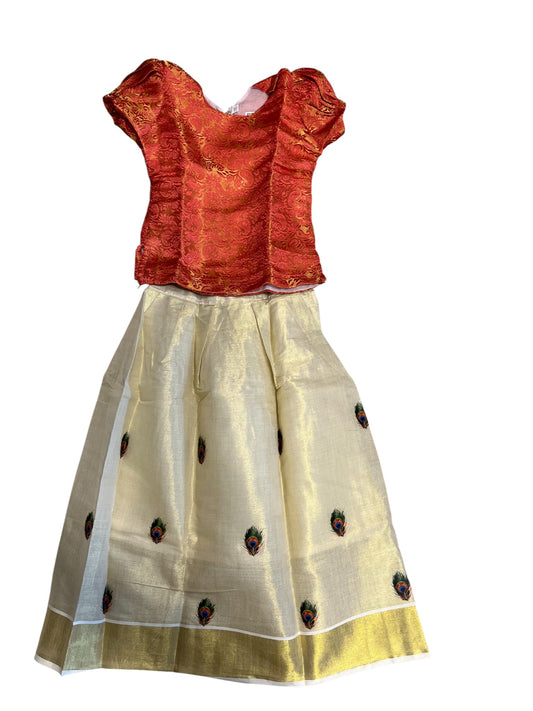 Southloom Kerala Tissue Kasavu Pavada Blouse  for Kids