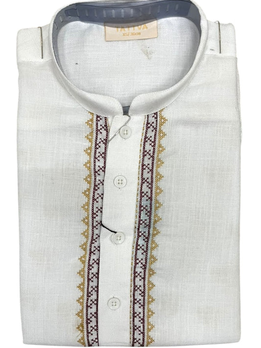 Southloom Of-White Embroidery  Semi Silk Short Kurta for Men SL590
