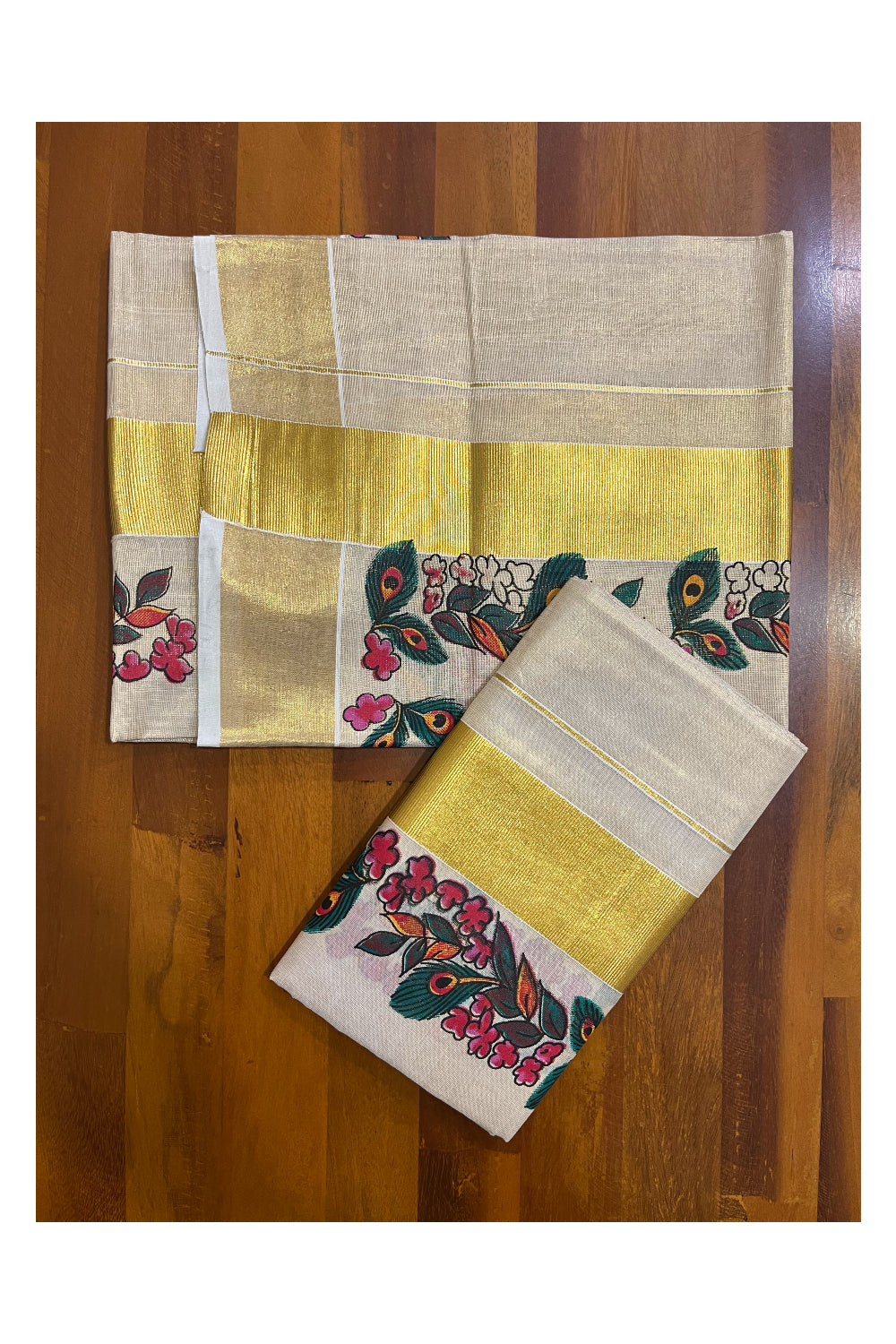 Kerala Tissue Single Set Mundu (Mundum Neriyathum) with Floral Feather Block Prints on Border 2.80 Mtrs