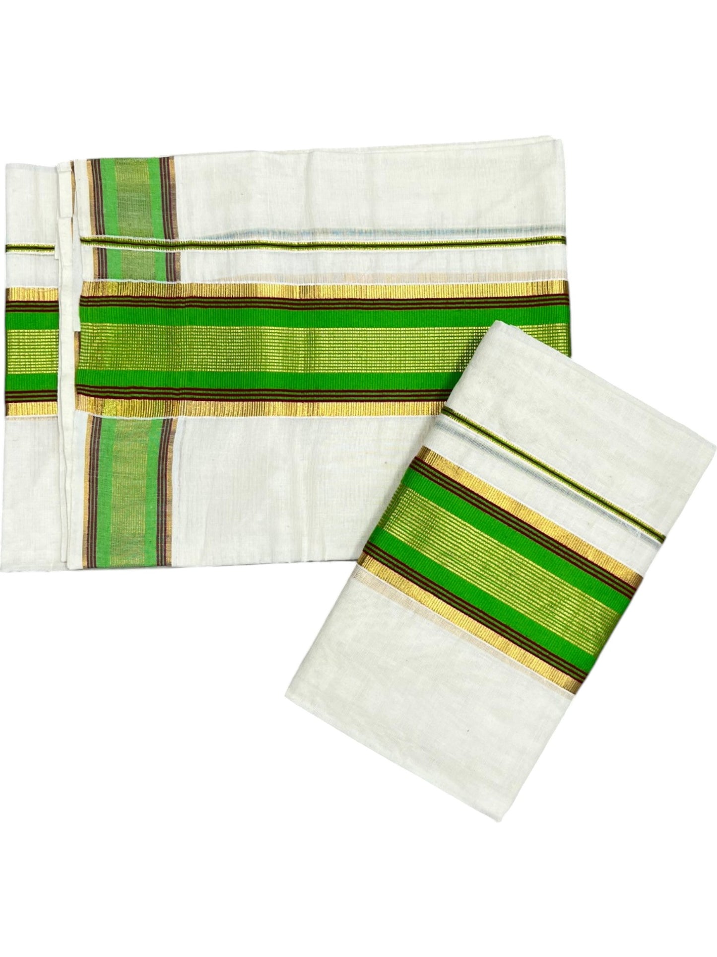 Kerala Cotton Set Mundu (Mundum Neriyathum) with Kasavu and Light Green& Maroon Border in 2.80 Mtrs SLKK SL470