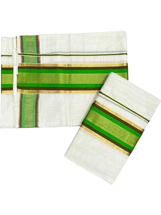 Kerala Cotton Set Mundu (Mundum Neriyathum) with Kasavu and Light Green& Maroon Border in 2.80 Mtrs SLKK SL470