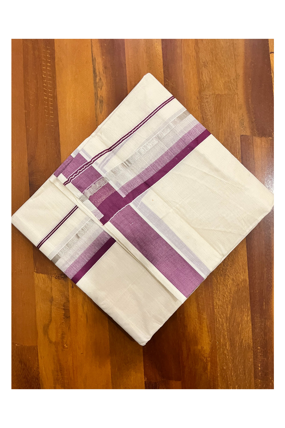 Kerala Pure Cotton Double Mundu with Purple and Silver Kasavu Border (South Indian Kerala Dhoti)