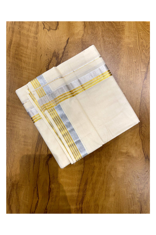 Kerala Pure Cotton Double Mundu with Silver and Golden Kasavu Border (South Indian Kerala Dhoti)