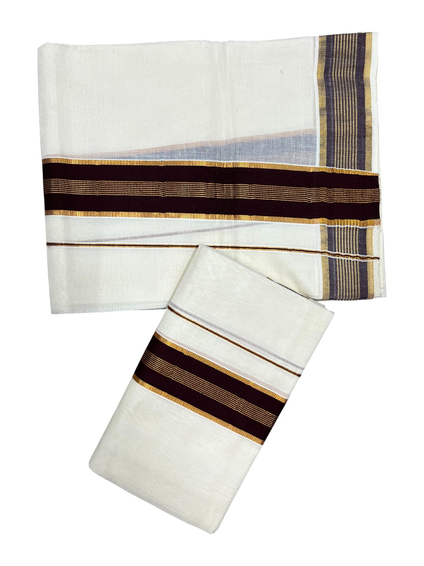 Kerala Cotton Single Set Mundu (Mundum Neriyathum) with Brown Kasavu Border in 2.80 Mtrs