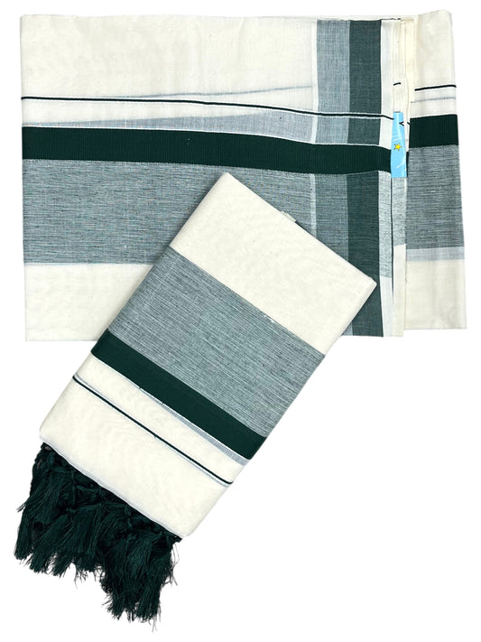 Southloom Kerala Cotton Mundum Neriyathum Single (Set Mundu) with Green Border 2.80 Mtrs