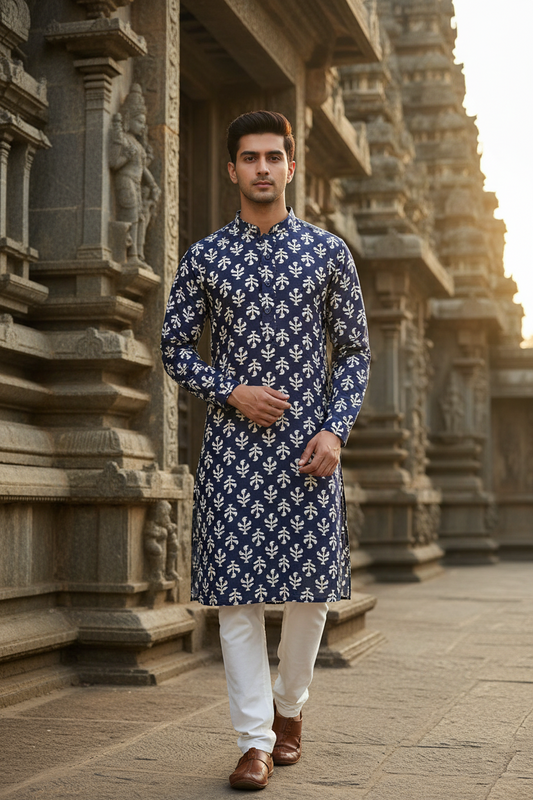 Southloom Blue Woven Patterns Semi Silk Short Kurta for Men