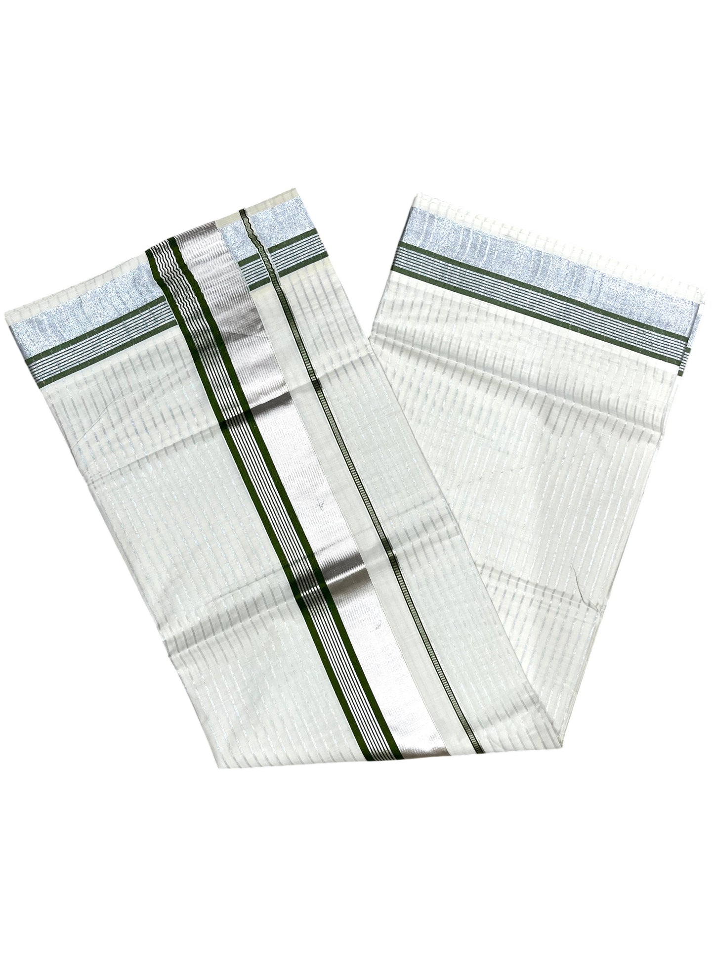 Southloom Pure Cotton Kerala Silver Kasavu Lines Saree with Olive Green and Silver Border