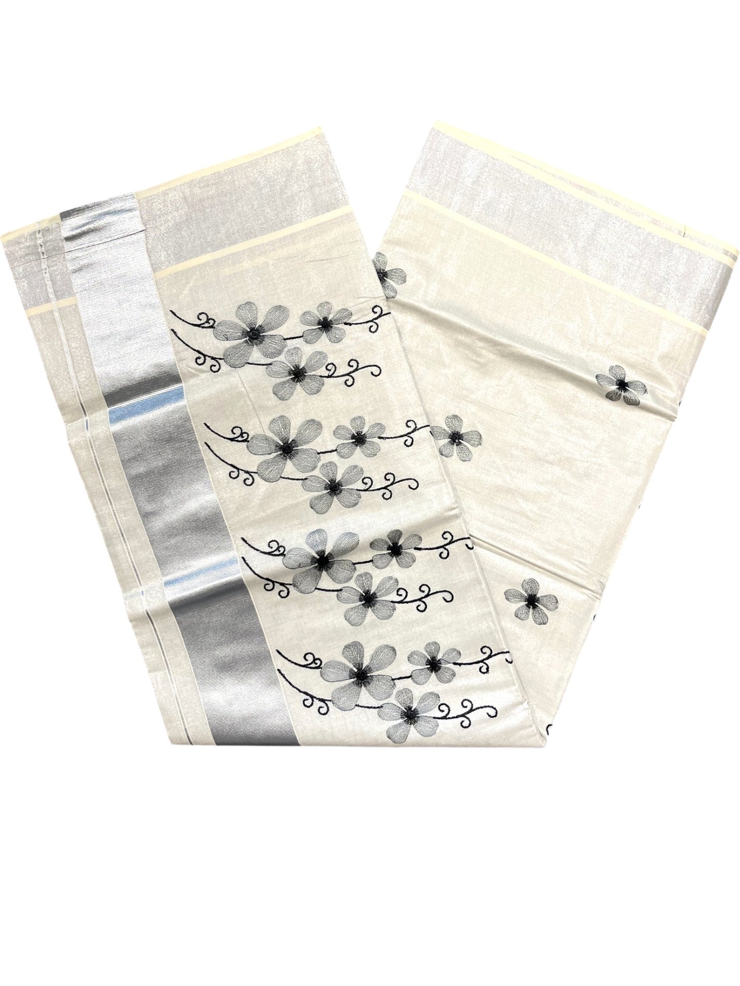 Southloom Kerala Tissue Silver Kasavu Saree with Grey Floral Embroidery on Body and Border