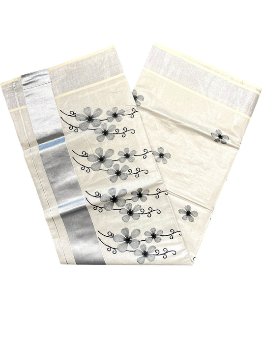 Southloom Kerala Tissue Silver Kasavu Saree with Grey Floral Embroidery on Body and Border
