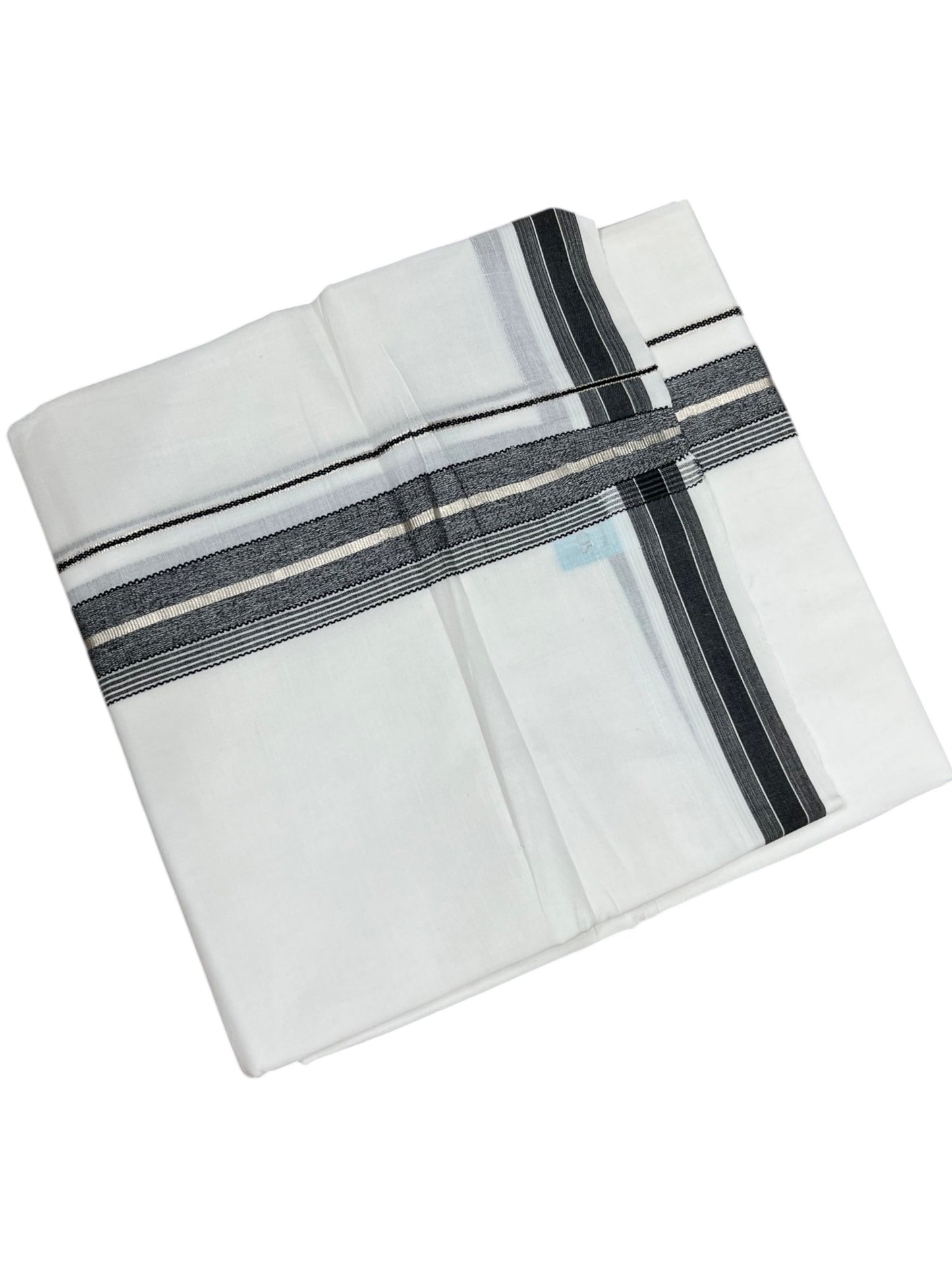 Southloom Kerala Pure White Cotton Double Mundu with Silver Line & Black Border (South Indian Dhoti)