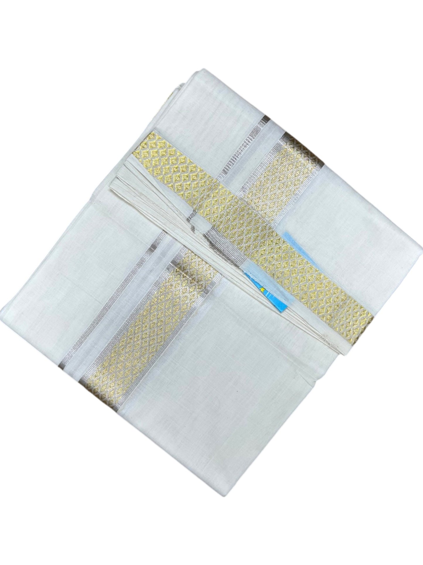 Southloom Balaramapuram Unakkupaavu Premium Handloom Cotton Double Mundu with Gold Kasavu and Silver Border
