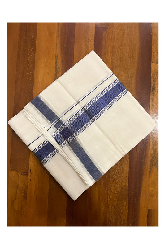 Southloom Premium Handloom Cotton Double Mundu with Silver and Blue Kasavu Design Border (South Indian Kerala Dhoti)