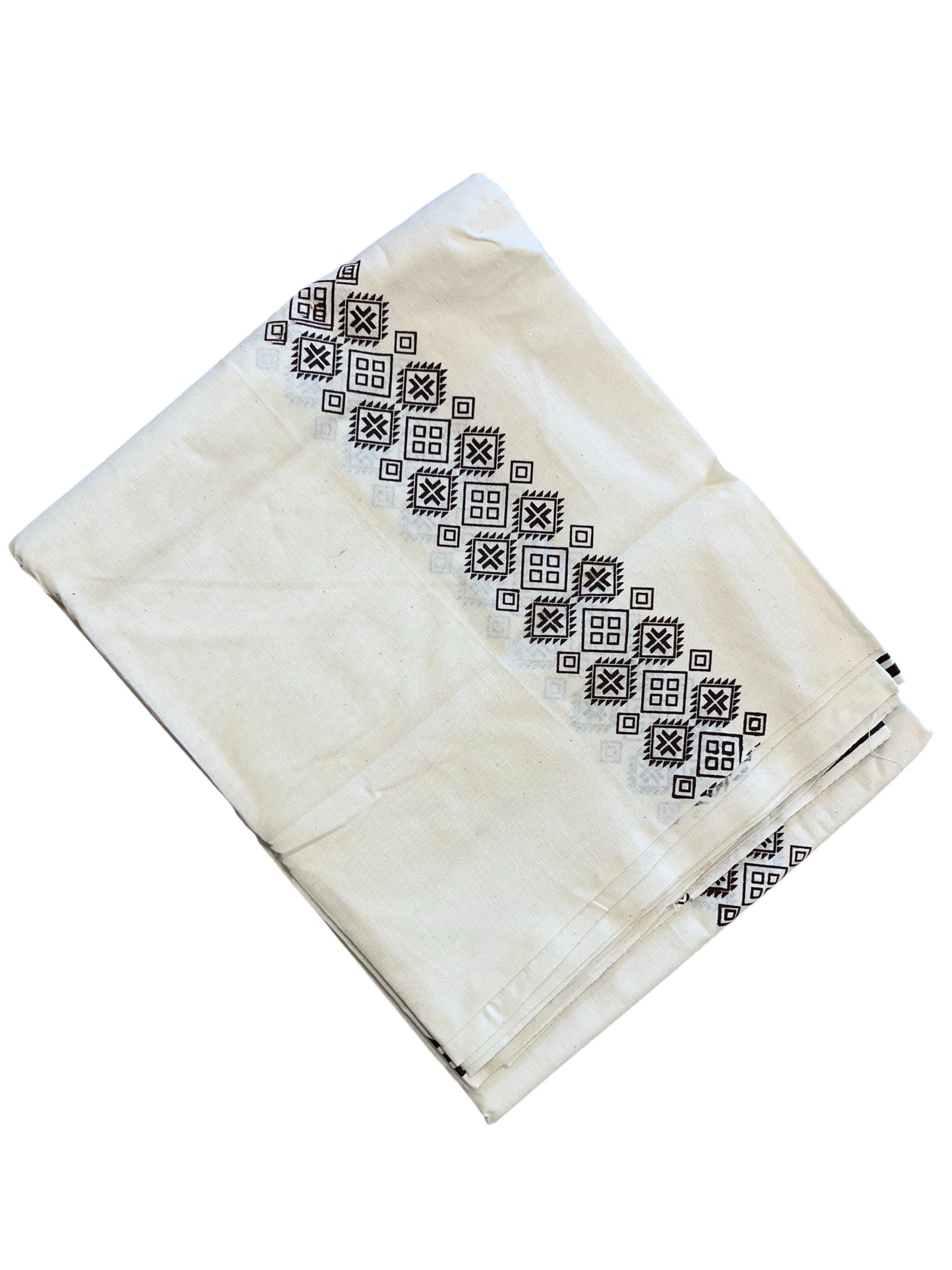 Southloom Pure Cotton Double Mundu with Block Prints on Black Kara (South Indian Kerala Dhoti)