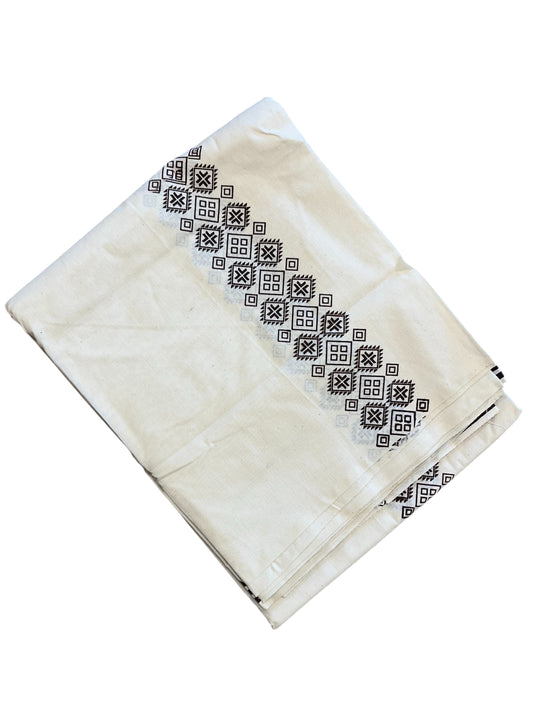 Southloom Pure Cotton Double Mundu with Block Prints on Black Kara (South Indian Kerala Dhoti)