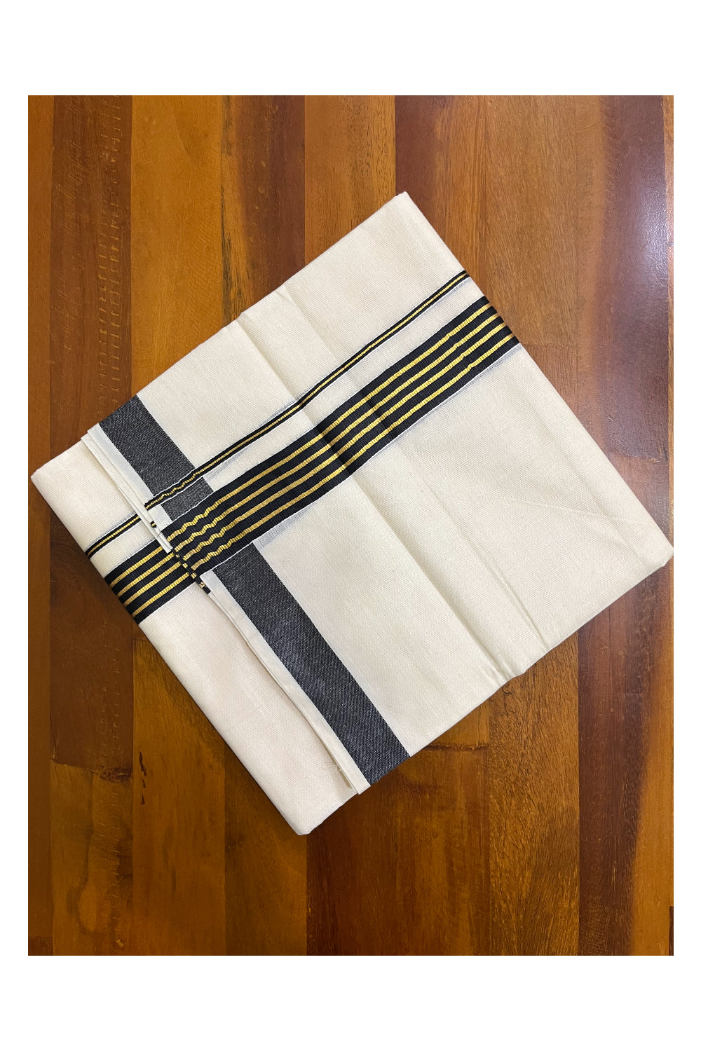 Kerala Pure Cotton Double Mundu with Black and Kasavu Lines Border (South Indian Kerala Dhoti)