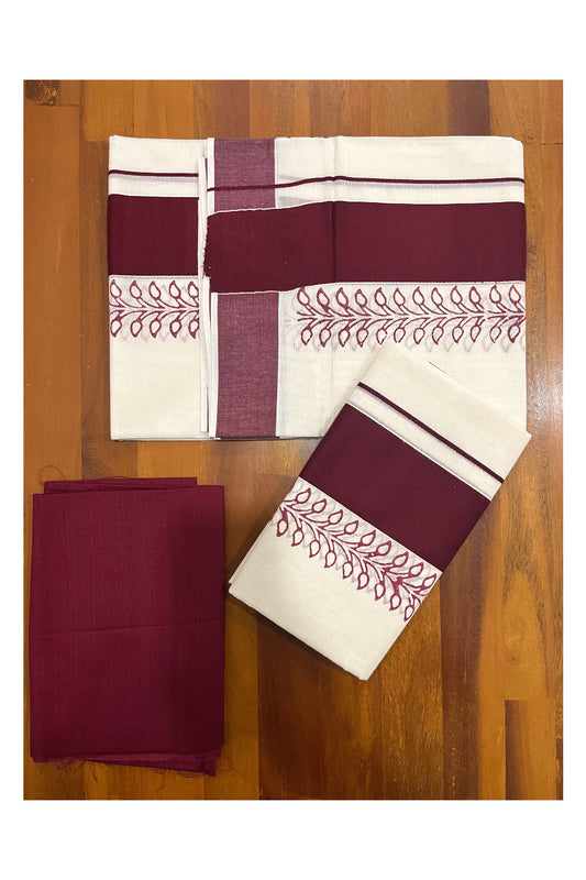 Pure Cotton Kerala Single Set Mundu (Mundum Neriyathum) with Block Printed Border and Maroon Blouse Piece