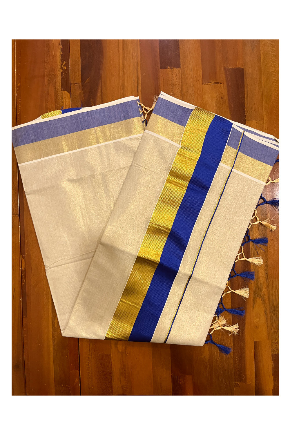 Kerala Tissue Kasavu Plain Saree with Kasavu and Blue Border