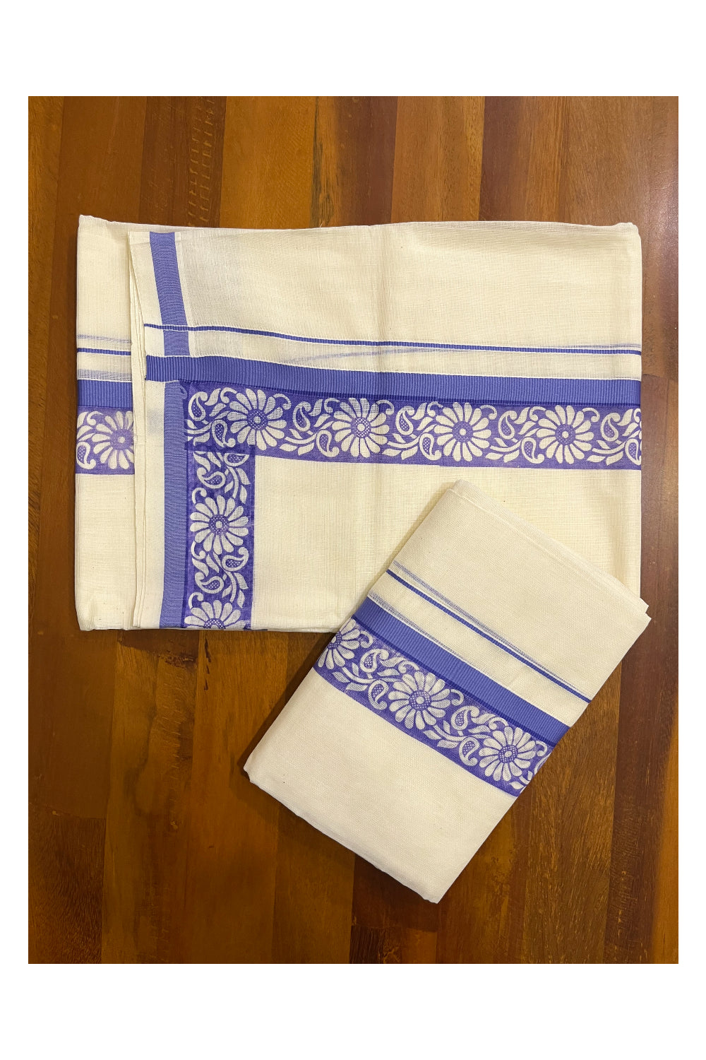 Kerala Cotton Kasavu Single Set Mundu (Mundum Neriyathum) with Violet Kara and  Block prints (Onam 2024 Collection)