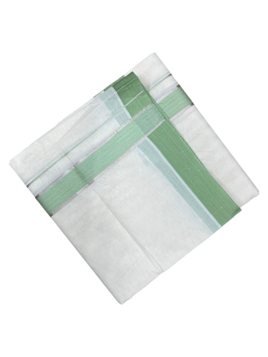 Southloom Kerala Pure Cotton Double Mundu with Silver Lines and Green Border with (South Indian Dhoti)