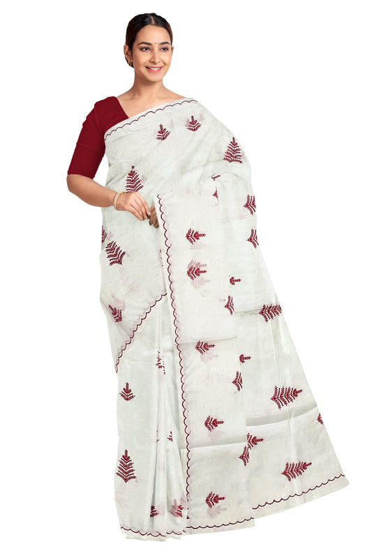 Southloom Cotton Pure White Saree with Red Woven Works on Body (2023 Christmas Special Saree)