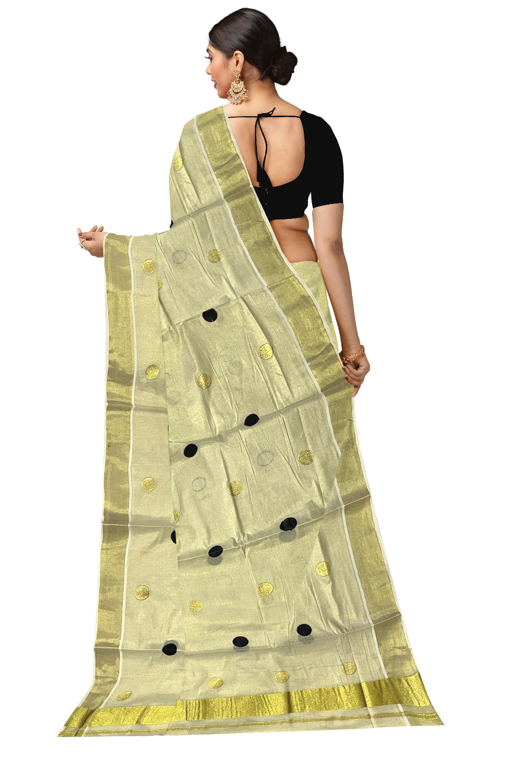 Kerala Tissue Kasavu Saree with Black Polka Woven Designs