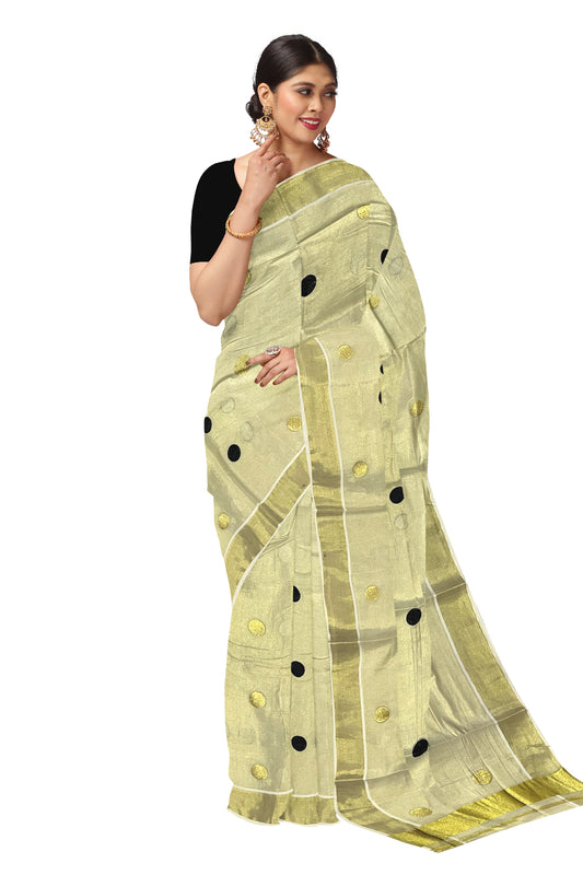 Kerala Tissue Kasavu Saree with Black Polka Woven Designs