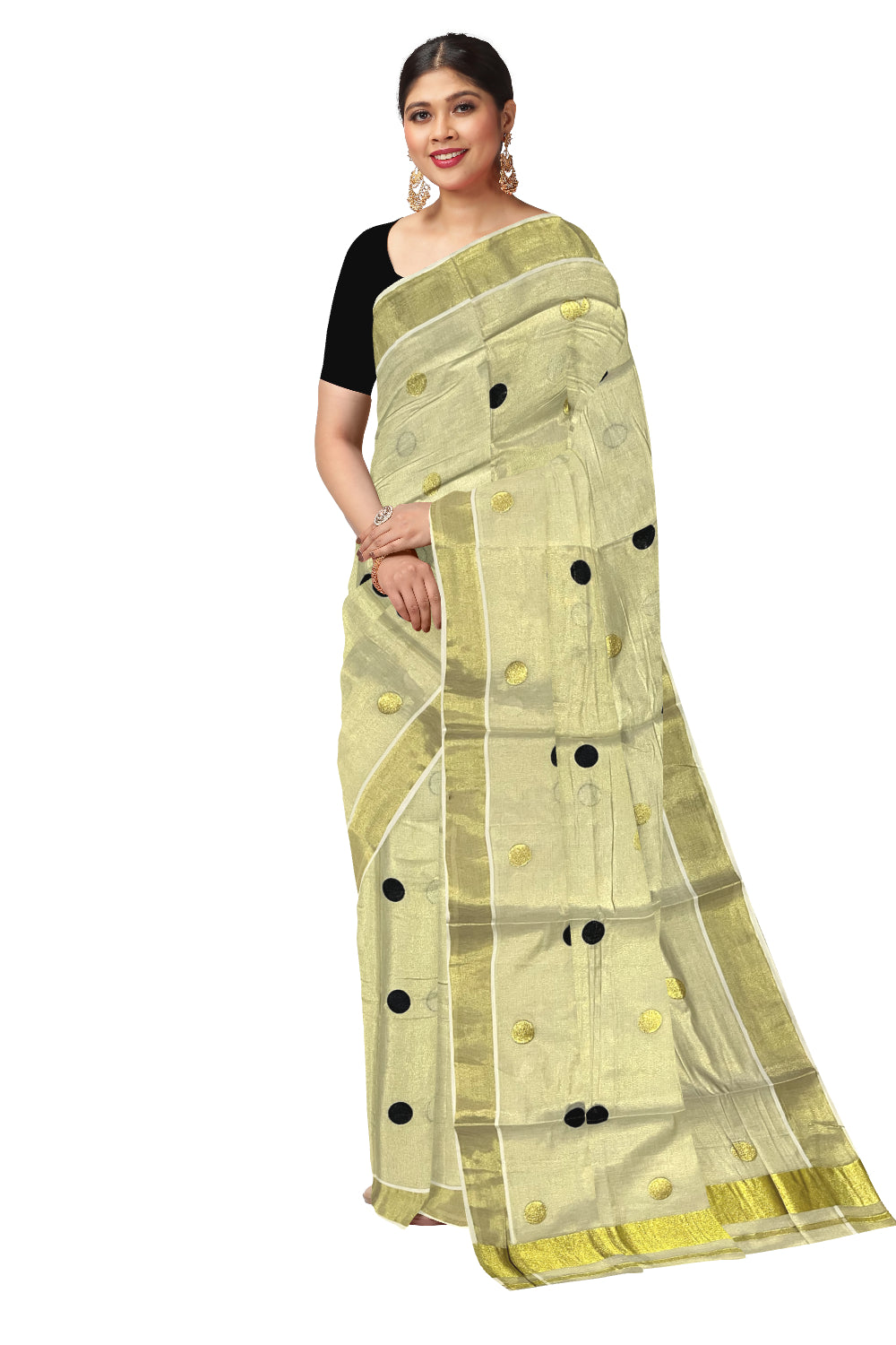 Kerala Tissue Kasavu Saree with Black Polka Woven Designs