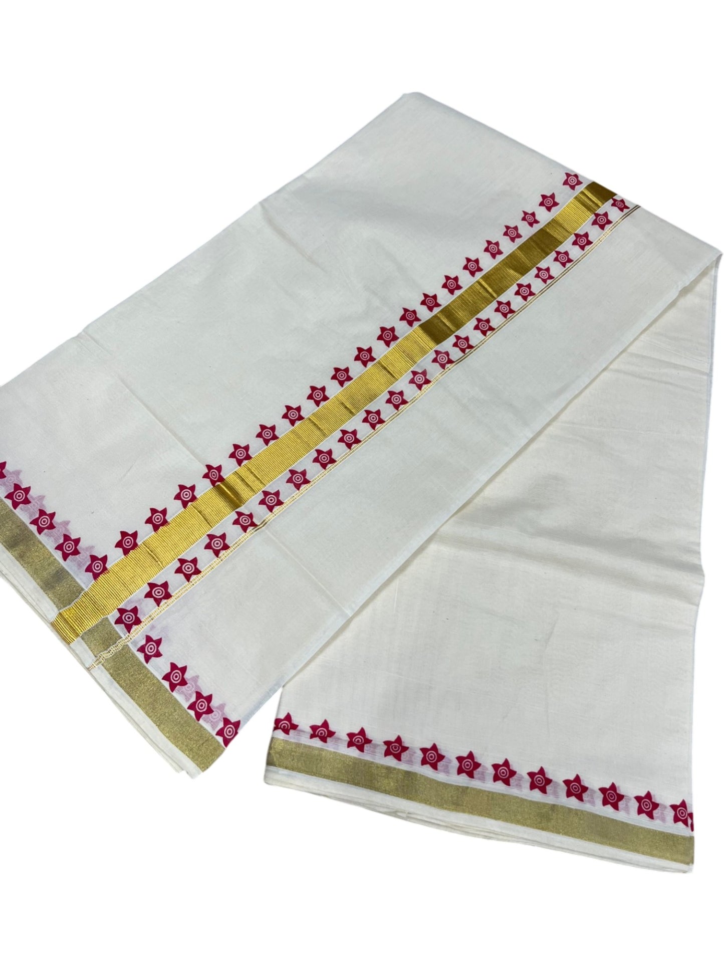 Southloom Cotton Kerala Kasavu Saree with Block Printed Design on Borders and Kara