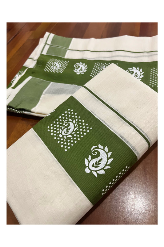 Kerala Cotton Single Set Mundu (Mundum Neriyathum) with Block Prints in Olive Green Border