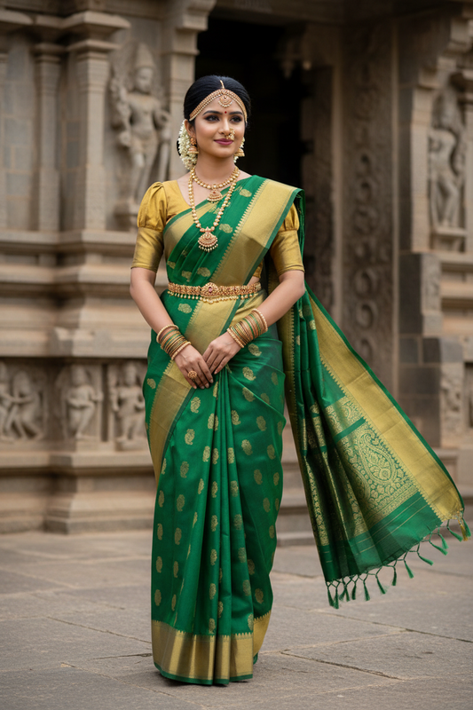Southloom Pure Handloom Kanchipuram Silk Saree with Butta Work(Green & Gold)