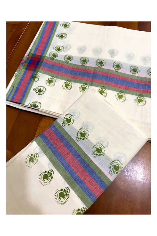 Kerala Pure Cotton Single Set Mundu (Mundum Neriyathum) with Green Block Prints on Blue Red Border
