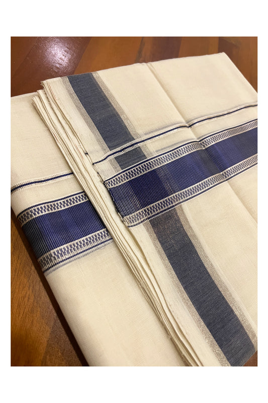 Southloom Premium Handloom Cotton Double Mundu with Silver and Blue Kasavu Design Border (South Indian Kerala Dhoti)