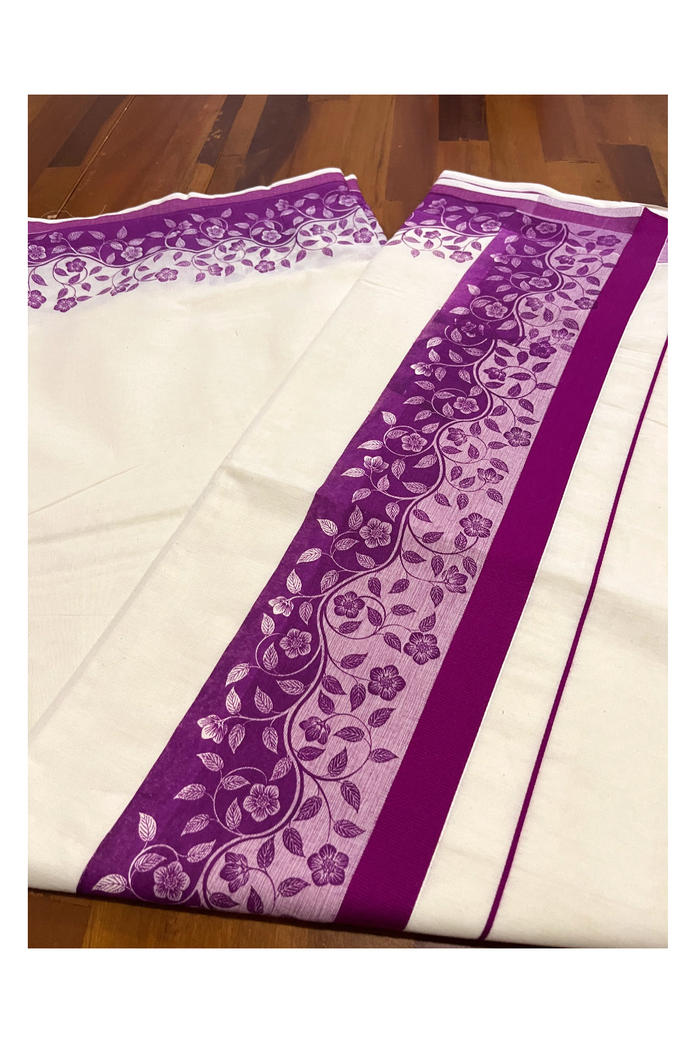 Kerala Cotton Saree with Magenta Floral Block Printed Border