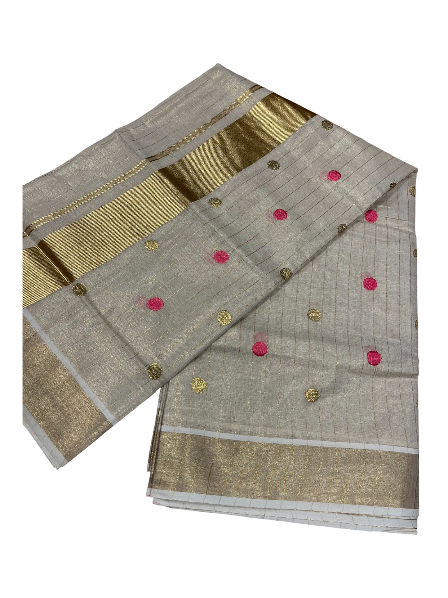 Southloom Kerala Tissue Kasavu Saree with Gold& Pink Polka Embroidery Works on Body