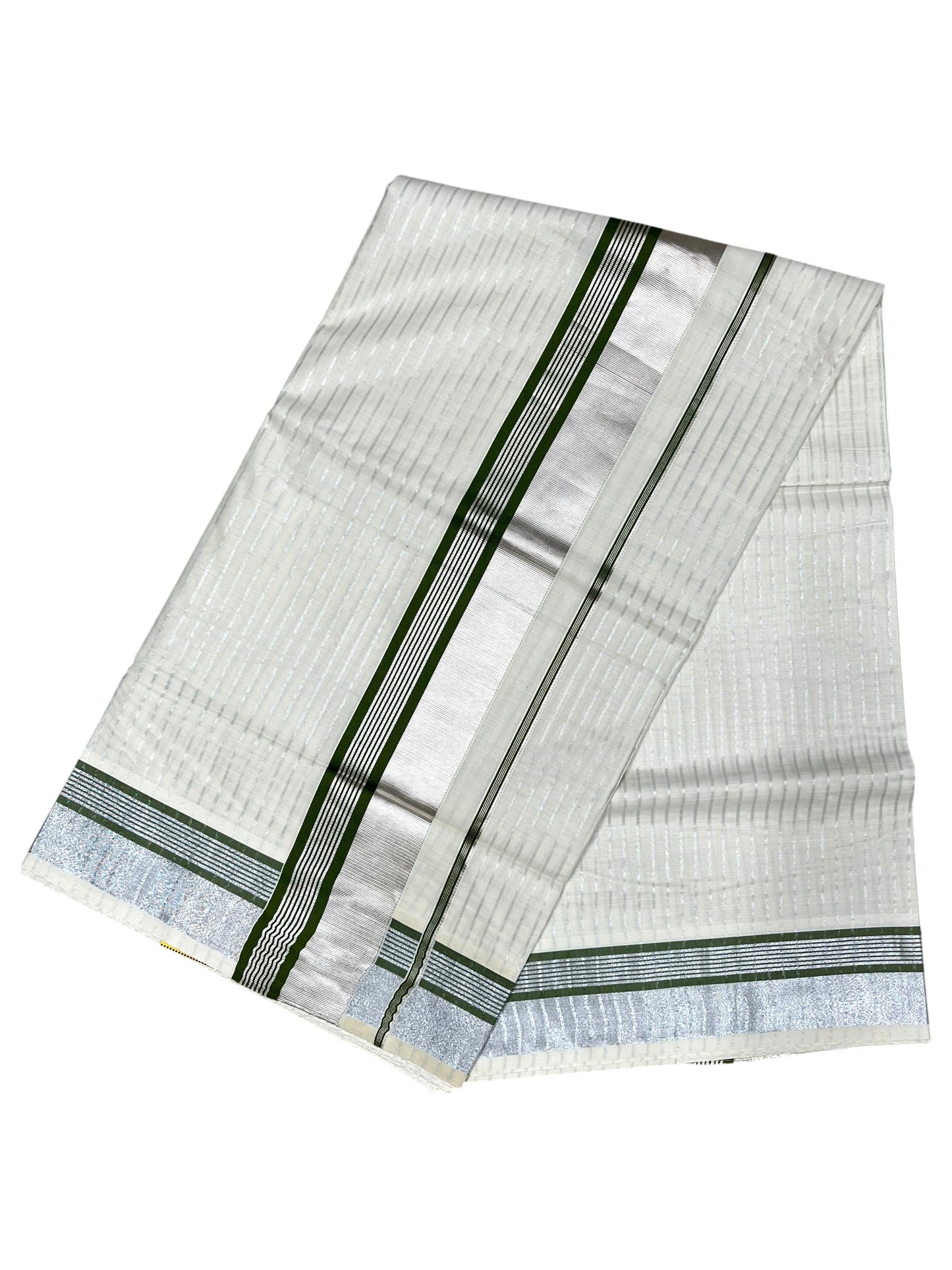 Southloom Pure Cotton Kerala Silver Kasavu Lines Saree with Olive Green and Silver Border