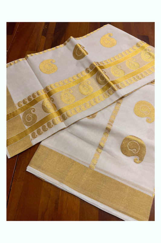 Southloom Premium Handloom Cotton Kasavu Saree with Paisley Woven Designs (Vishu 2024 Collection)