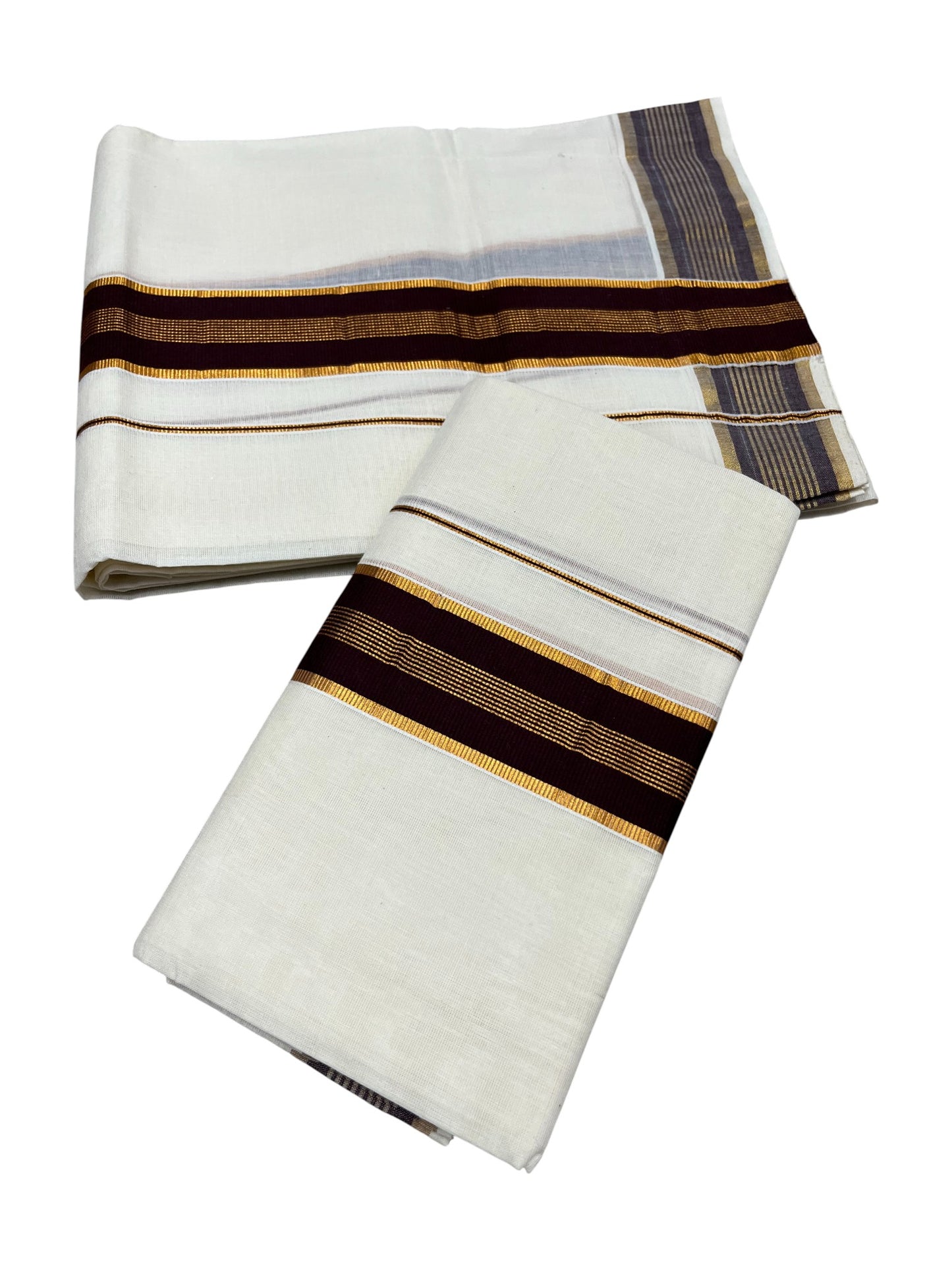 Kerala Cotton Single Set Mundu (Mundum Neriyathum) with Brown Kasavu Border in 2.80 Mtrs