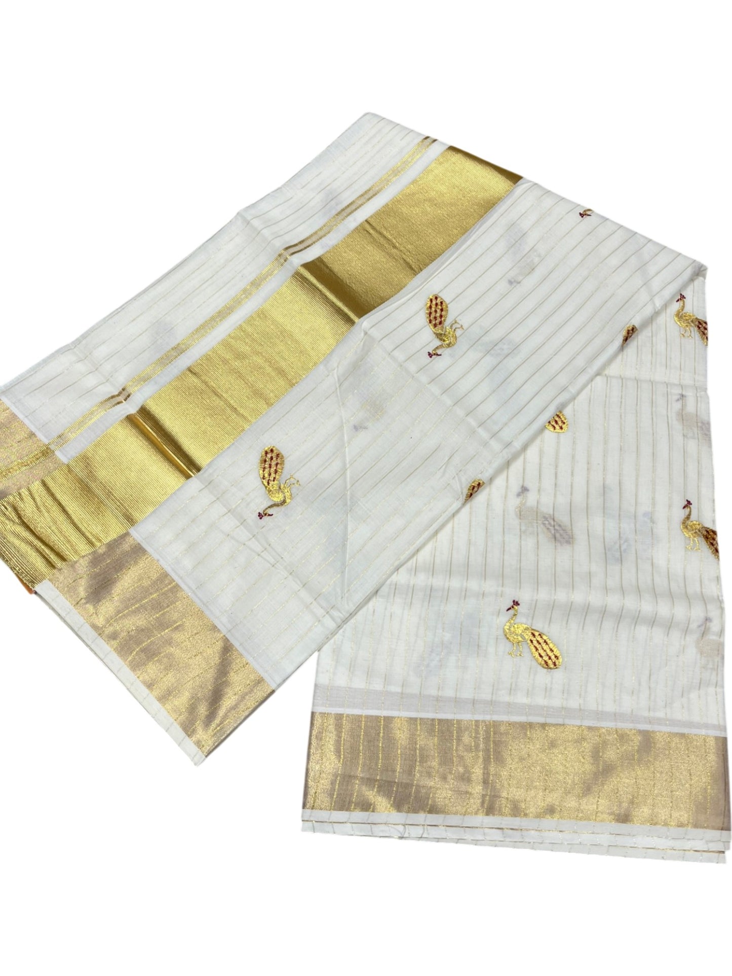 Southloom Cotton Kerala Kasavu Lines Saree with Peacock Embroidery Work on Body in Maroon
