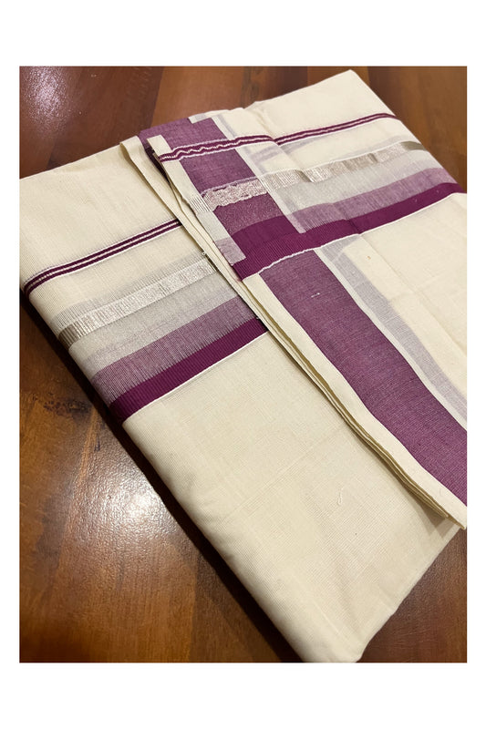 Kerala Pure Cotton Double Mundu with Purple and Silver Kasavu Border (South Indian Kerala Dhoti)