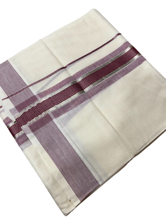 Southloom Kerala Pure Cotton Double Mundu with Silver Lines & Purple Border (South Indian Dhoti)