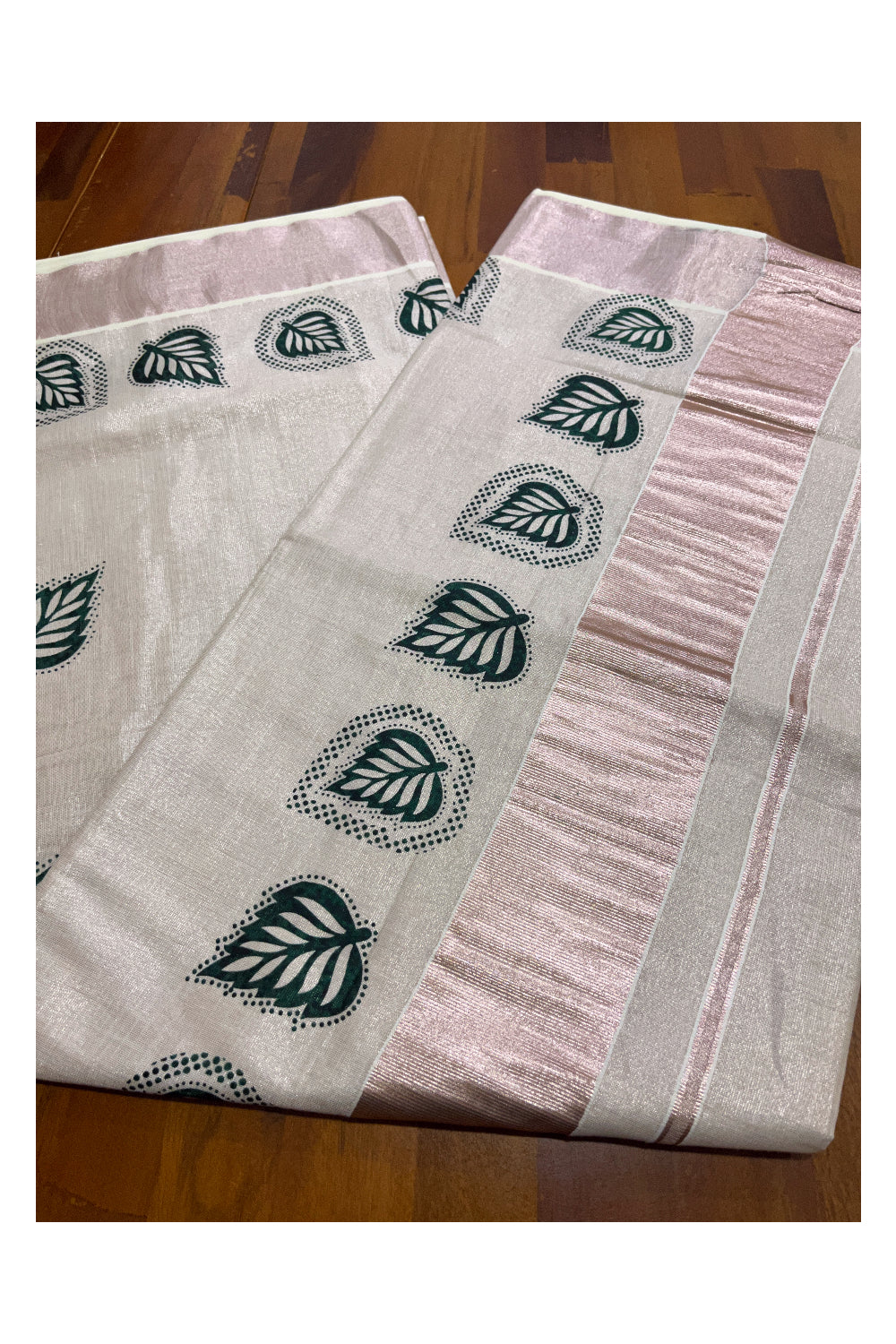 Kerala Rose Copper Tissue Kasavu Saree with Green Leaf Block Printed Design