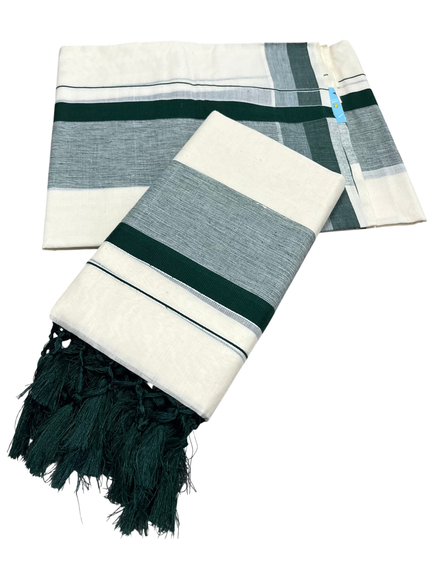 Southloom Kerala Cotton Mundum Neriyathum Single (Set Mundu) with Green Border 2.80 Mtrs