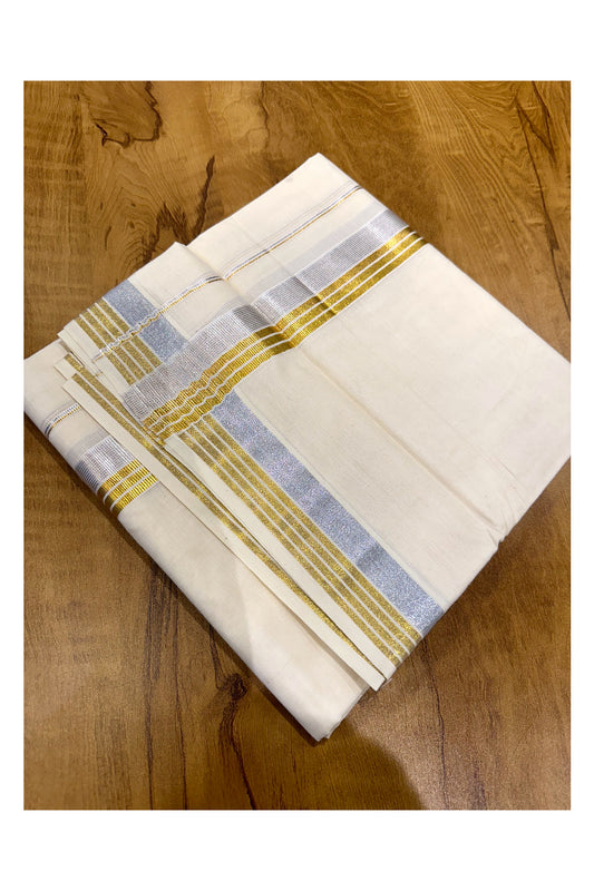 Kerala Pure Cotton Double Mundu with Silver and Golden Kasavu Border (South Indian Kerala Dhoti)