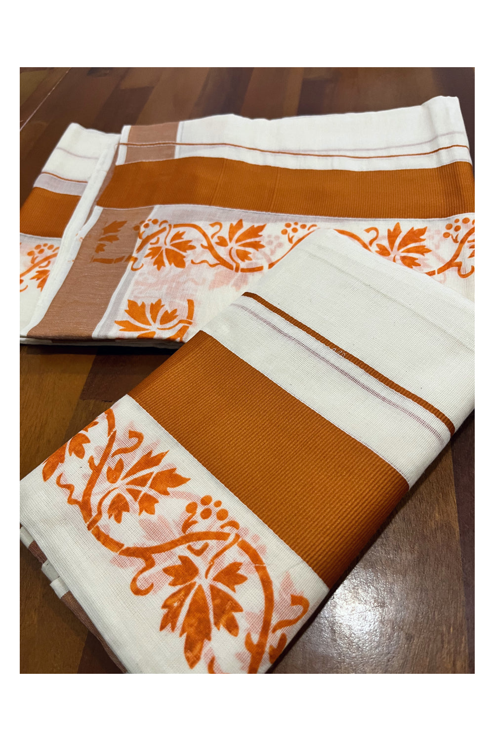 Kerala Pure Cotton Set Mundu Single (Mundum Neriyathum) with Orange Floral Block Prints