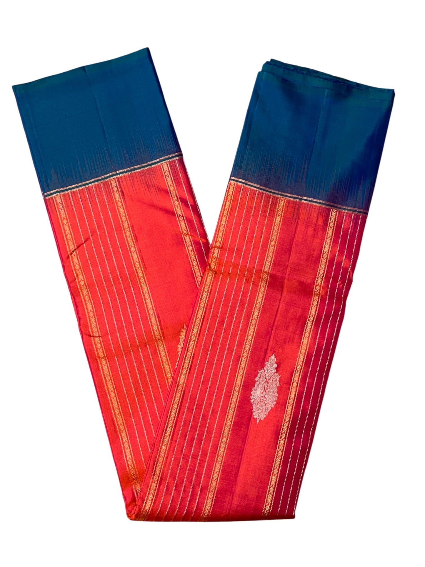 Southloom Pure Handloom Bridal Kanchipuram Silk Saree with Korvai Work (Orange & Blue)