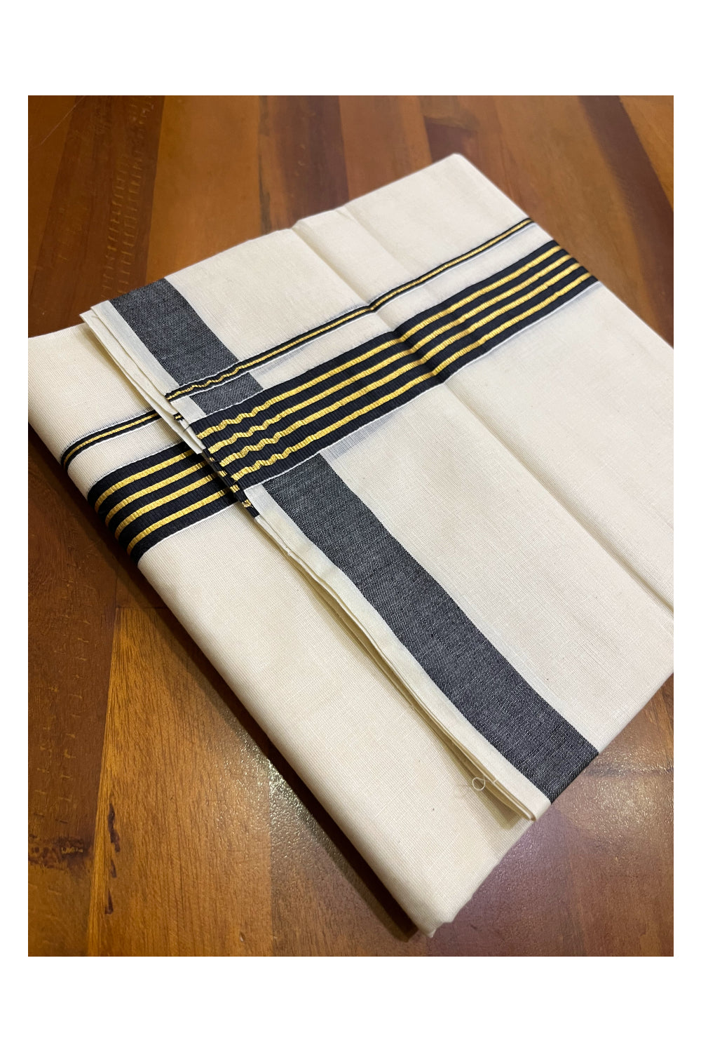 Kerala Pure Cotton Double Mundu with Black and Kasavu Lines Border (South Indian Kerala Dhoti)