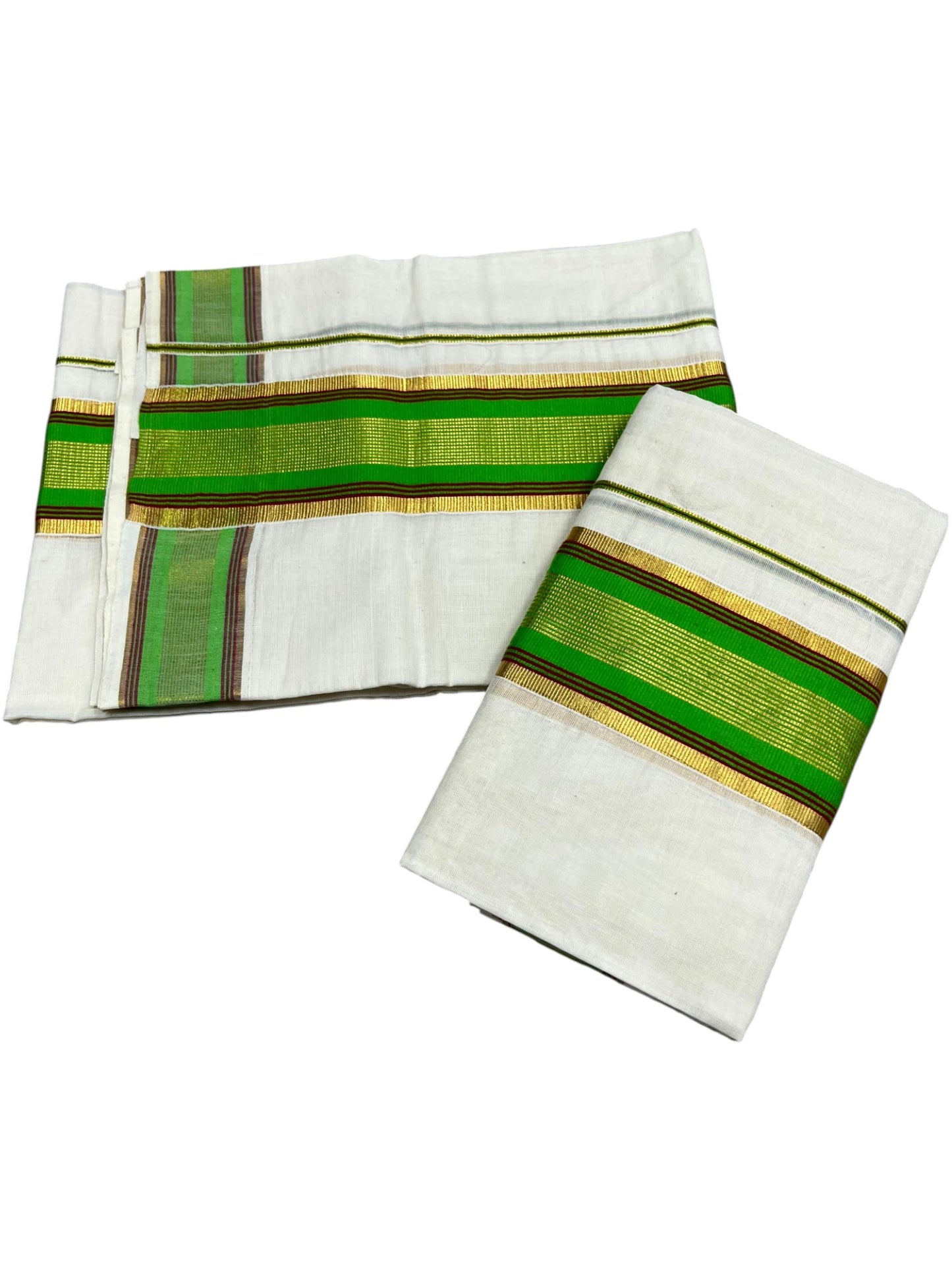 Kerala Cotton Set Mundu (Mundum Neriyathum) with Kasavu and Light Green& Maroon Border in 2.80 Mtrs SLKK SL470