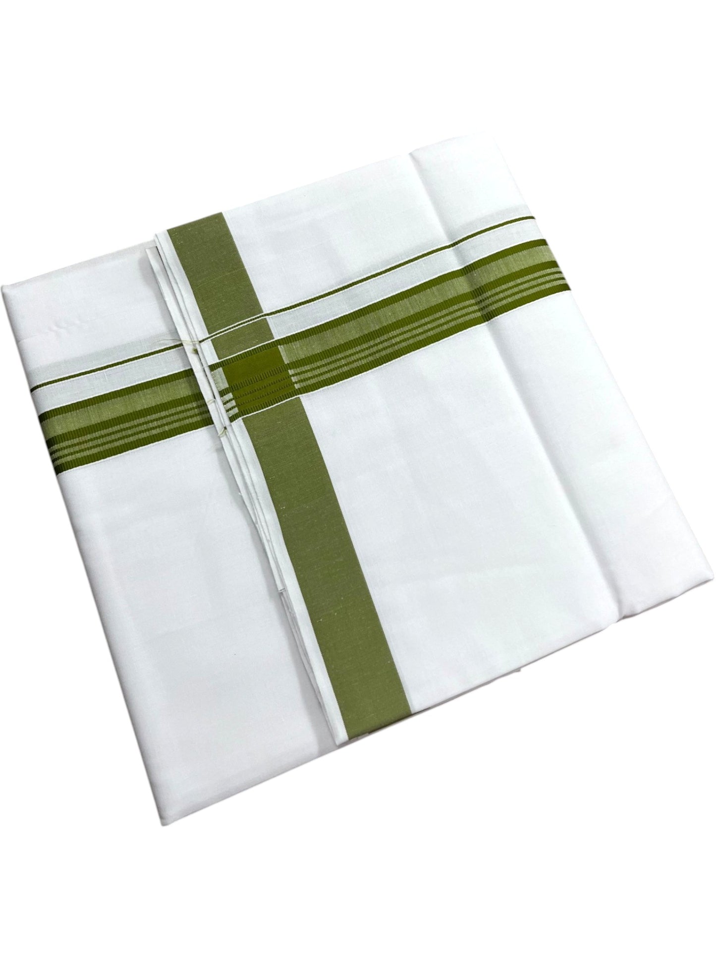 Southloom Pure White Cotton Mundu with Olive Green Lines Border (South Indian Kerala Dhoti)