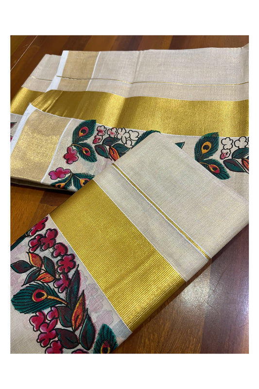 Kerala Tissue Single Set Mundu (Mundum Neriyathum) with Floral Feather Block Prints on Border 2.80 Mtrs